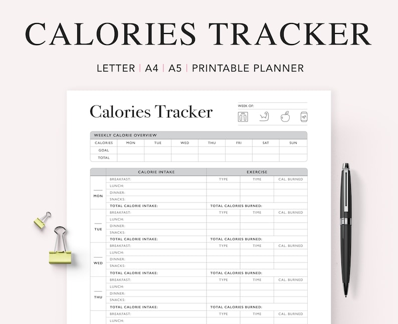 Calorie Tracker, Printable Calories Journal, Daily Weekly Calorie Counter, Diet Planner, Diet Plan, A5 Planner Inserts, PDF Instant Download image 1