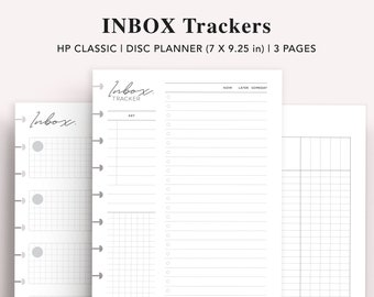 May include: Three printable pages for a disc planner, designed for tracking tasks and to-dos. The pages are labeled "Inbox Tracker" and include sections for "Now", "Later", and "Someday".