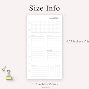 May include: A white planner insert with a grid, to-do list, and trackers. The insert is 6.75 inches (171mm) tall and 3.75 inches (95mm) wide. Two small, yellow binder clips are in the lower left corner.