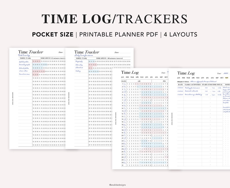 May include: Four printable time log and tracker templates in a pocket size format. The templates include a daily time tracker, a weekly time log, and two monthly time log layouts. The templates are designed for tracking time spent on various tasks and projects.