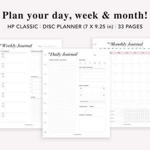 May include: A black and white planner with three pages shown. The pages are labeled "My Weekly Journal", "My Daily Journal", and "The Monthly Journal". The planner is 7 inches by 9.25 inches and has 33 pages.