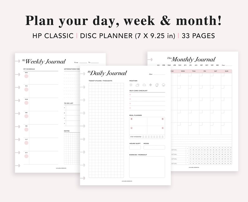May include: A black and white planner with three pages shown. The pages are labeled "My Weekly Journal", "My Daily Journal", and "The Monthly Journal". The planner is 7 inches by 9.25 inches and has 33 pages.