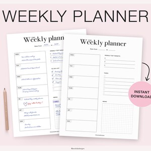 Puede incluir: Dos plantillas de planificador semanal imprimibles. La primera plantilla tiene una lista de tareas pendientes y una secci&oacute;n de notas con una cuadr&iacute;cula. La segunda plantilla tiene una secci&oacute;n para los objetivos principales semanales y las tareas. Ambas plantillas tienen una secci&oacute;n para cada d&iacute;a de la semana, de lunes a domingo.
