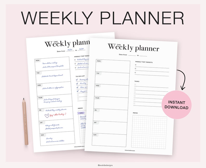 Puede incluir: Dos plantillas de planificador semanal imprimibles. La primera plantilla tiene una lista de tareas pendientes y una secci&oacute;n de notas con una cuadr&iacute;cula. La segunda plantilla tiene una secci&oacute;n para los objetivos principales semanales y las tareas. Ambas plantillas tienen una secci&oacute;n para cada d&iacute;a de la semana, de lunes a domingo.