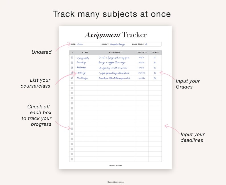 Puede incluir: Un planificador de tareas imprimible con una lista de verificaci&oacute;n para realizar un seguimiento del progreso, una secci&oacute;n para enumerar los cursos o las clases, y columnas para los detalles de las tareas, las fechas de vencimiento y las calificaciones. El texto "Rastrea muchas materias a la vez" est&aacute; en la parte superior de la p&aacute;gina.