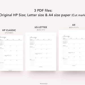May include: Three PDF files of printable planner pages. The image shows three different sizes: HP Classic (7" x 9.25"), US Letter (8.5" x 11"), and A4 (8.3" x 11.7"). Each page is labeled "January" and includes a calendar and to-do list.