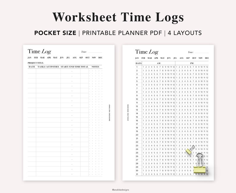 May include: Two printable time log worksheets in black and white. The left worksheet has a section for project title, date, tasks, start and end time, total time, and notes. The right worksheet has a grid for logging time by day, hour, and AM/PM.