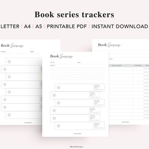 May include: Printable book series tracker pages with sections for author, series, name of series, date read, and rating. The pages are designed with a simple, modern aesthetic.