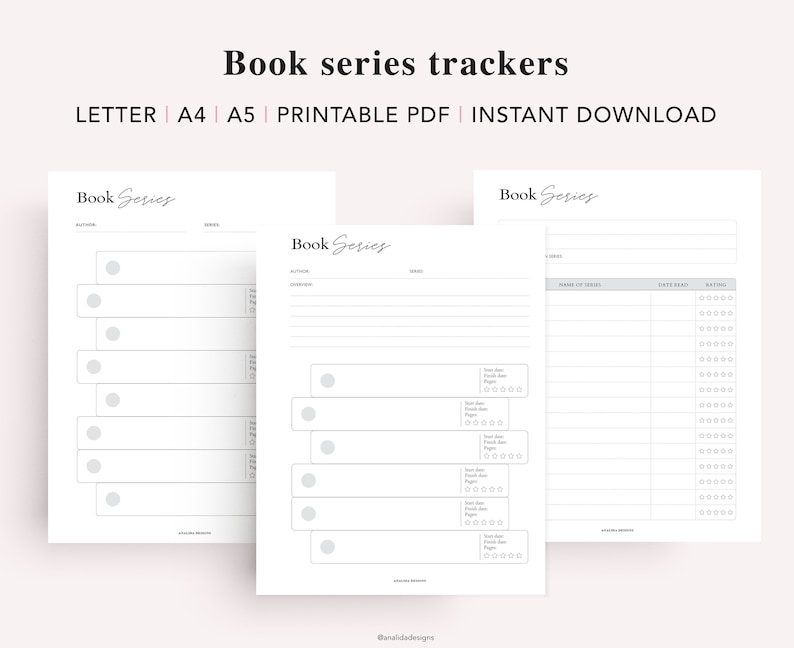 May include: Printable book series tracker pages with sections for author, series, name of series, date read, and rating. The pages are designed with a simple, modern aesthetic.
