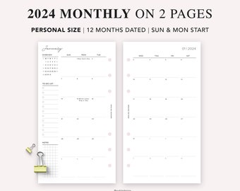 PERSONAL 2024 Dated Monthly Calendar Printable Planner, Month on Two Pages, Monthly Calendar, Sunday & Monday Start, Filofax Personal, PDF