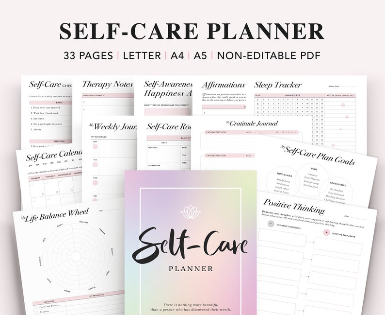 May include: A printable self-care planner with 33 pages. The planner includes sections for therapy notes, affirmations, sleep tracking, a gratitude journal, self-care goals, and positive thinking. The planner has a pink and white color scheme with a floral design.
