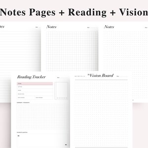 May include: Printable planner pages with sections for notes, reading tracker, and vision board. The pages are designed with lined, grid, and dotted paper.
