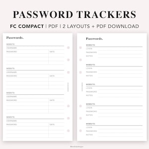 May include: Printable password tracker with two different layouts. The tracker has sections for website, username, password, login, notes, and date. The tracker is designed for use with a compact disc planner.