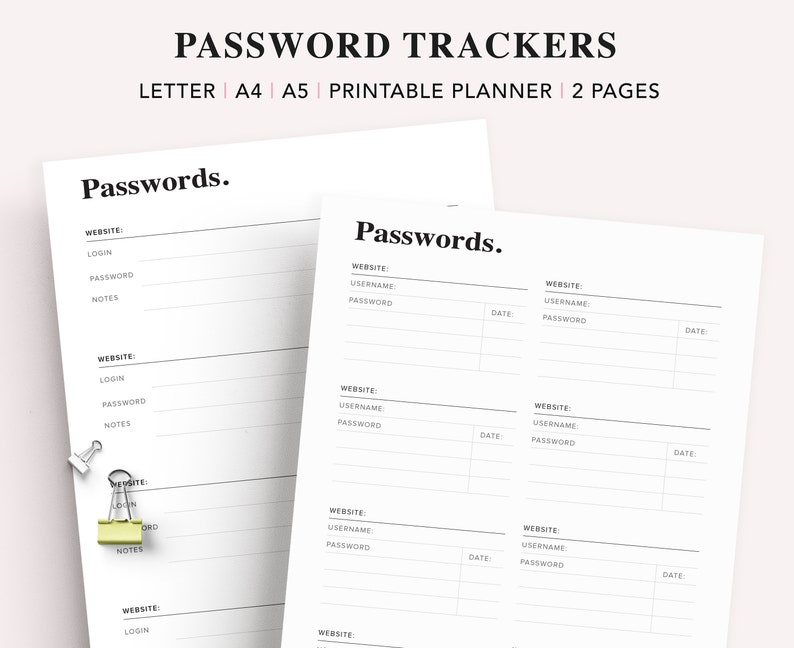 May include: Printable password tracker planner with two pages. The planner has a black and white design with the words "Passwords." at the top of each page. The planner is designed to help you keep track of your passwords for different websites and accounts.