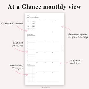 May include: A minimalist monthly planner page with the heading "At a Glance monthly view." The page includes a calendar overview for December, a to-do list, space for notes, and reminders. The design is clean and simple, with black text on a white background.