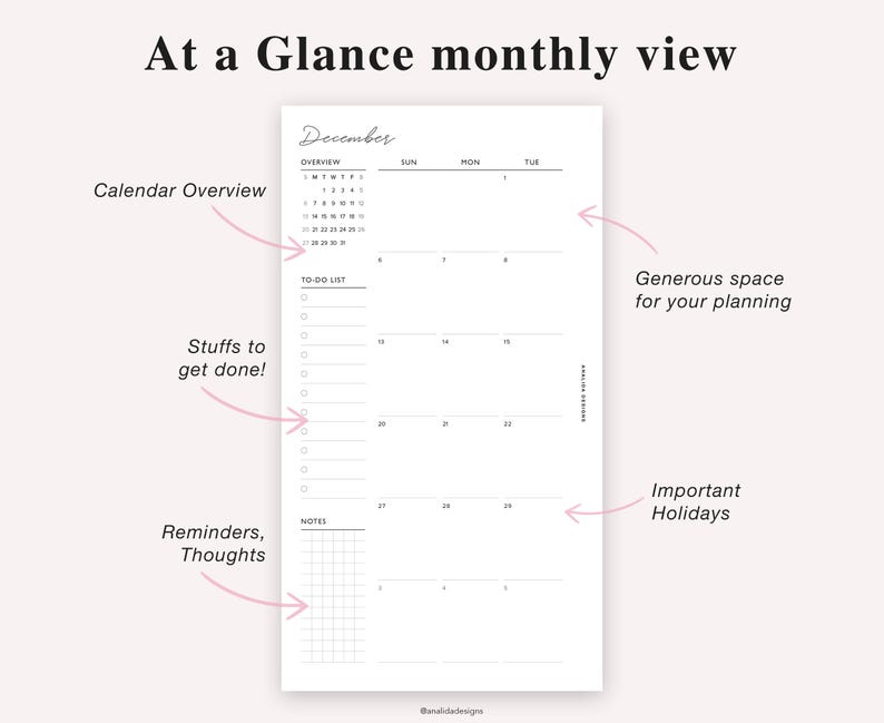 May include: A minimalist monthly planner page with the heading "At a Glance monthly view." The page includes a calendar overview for December, a to-do list, space for notes, and reminders. The design is clean and simple, with black text on a white background.