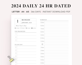 Agenda quotidien 24 heures daté 2024 imprimable, encarts quotidiens imprimables, modèle de blocage du temps, calendrier des journées de travail, encarts A5, A4, lettre, PDF