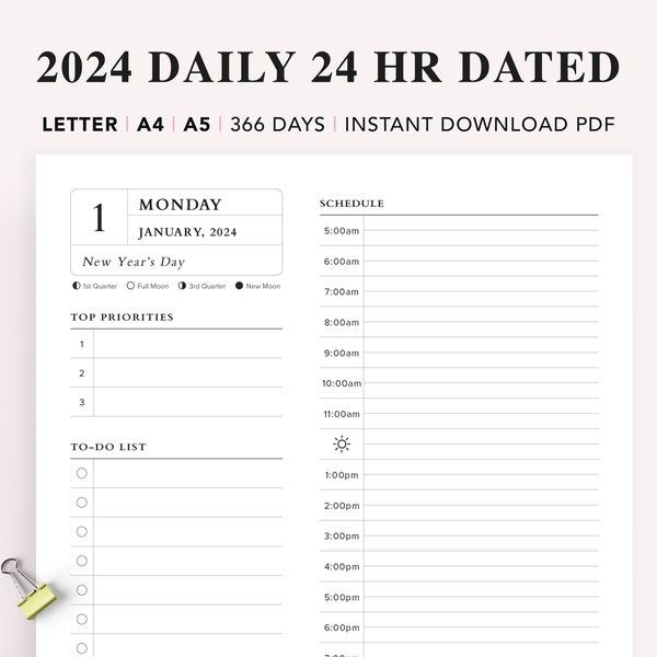 2024 Dated 24 Hour Daily Planner Printable, Daily Printable Inserts, Time Blocking Template, Work Day Schedule, A5 Inserts, A4, Letter, PDF