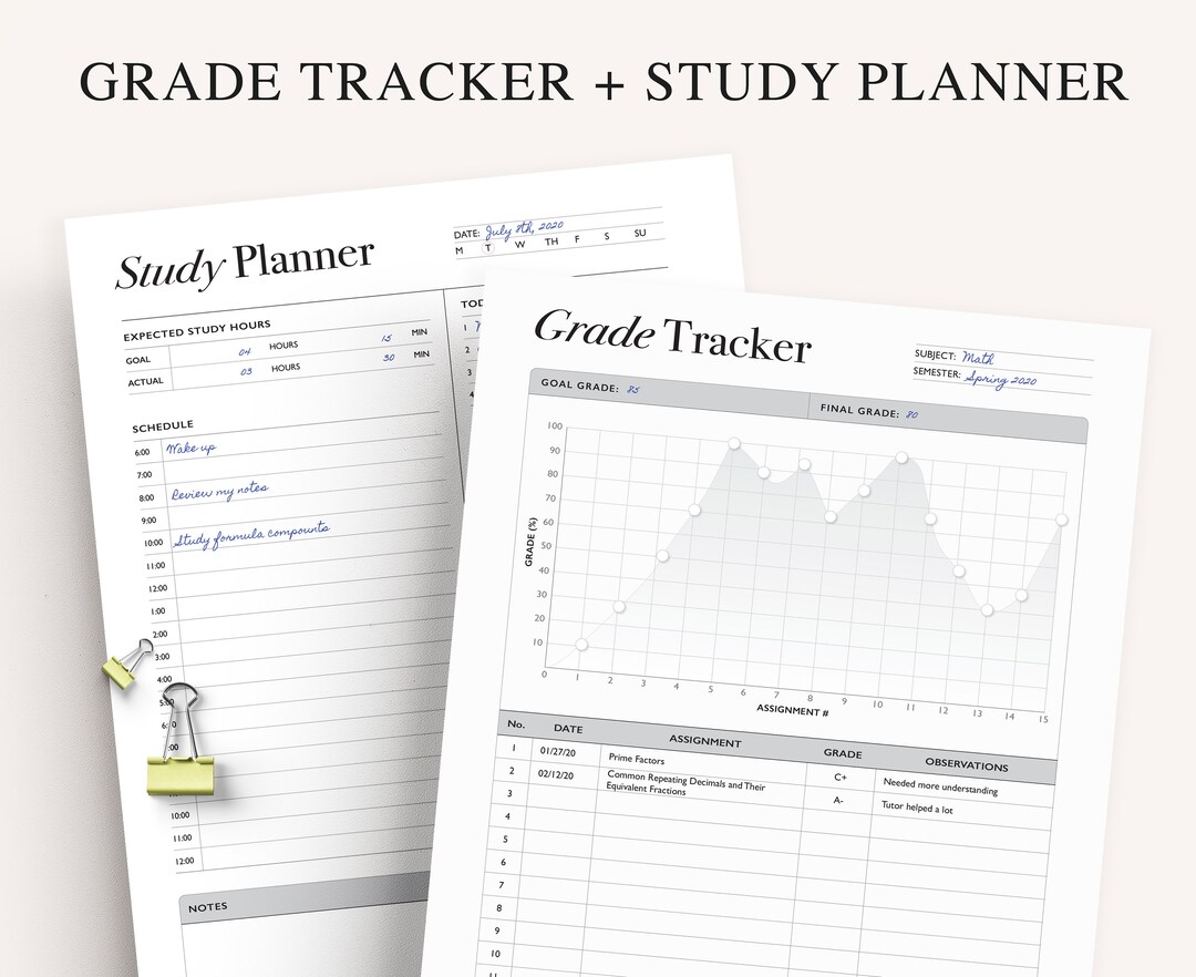 Student Study Planner Printable: Grade Tracker, A4/A5/US Letter (PDF ...