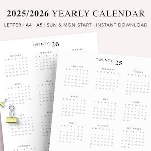 May include: A printable calendar for the years 2025 and 2026. The calendar is in a simple, modern style with black text on a white background. The calendar is designed to start with Sunday and Monday.