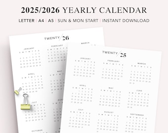 May include: A printable calendar for the years 2025 and 2026. The calendar is in a simple, modern style with black text on a white background. The calendar is designed to start with Sunday and Monday.
