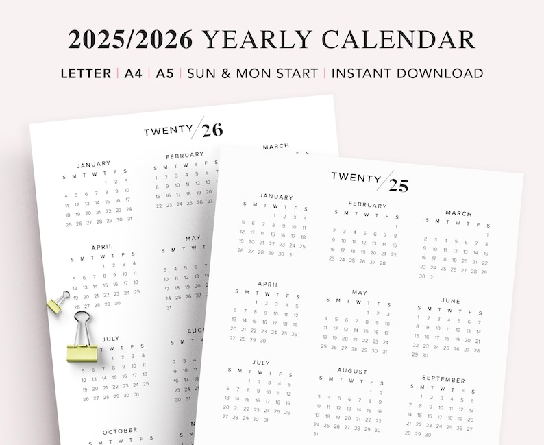 May include: A printable calendar for the years 2025 and 2026. The calendar is in a simple, modern style with black text on a white background. The calendar is designed to start with Sunday and Monday.
