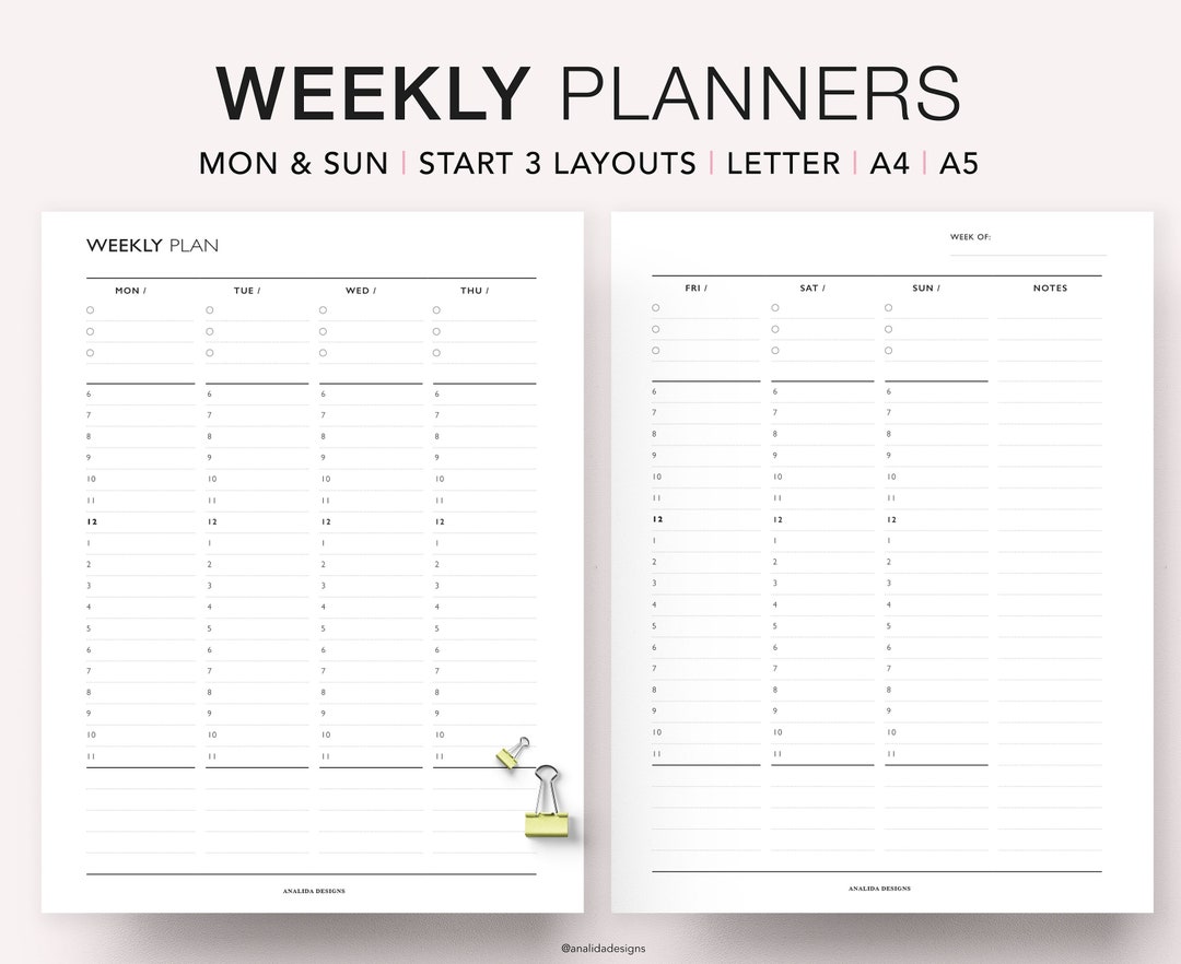 Weekly Schedule, Printable Weekly Timetable, Weekly Organizer, Hourly Agenda, Time Blocking ...