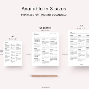 May include: Printable PDF calendar template for the Old Testament, available in three sizes: US Letter (8.5 x 11 inches), A4 (8.3 x 11.7 inches), and A5 (5.8 x 8.3 inches). Each size has a 12mm punch hole margin and a 17.5mm margin.