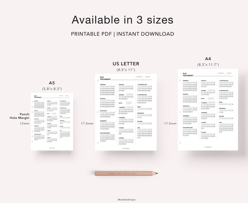 May include: Printable PDF calendar template for the Old Testament, available in three sizes: US Letter (8.5 x 11 inches), A4 (8.3 x 11.7 inches), and A5 (5.8 x 8.3 inches). Each size has a 12mm punch hole margin and a 17.5mm margin.
