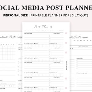 Könnte beinhalten: Ein druckbarer Social-Media-Post-Planer mit drei verschiedenen Layouts. Der Planer enthält Abschnitte für die Content-Planung, die Planung und Checklisten. Der Planer ist für die persönliche Nutzung konzipiert.