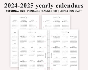 PERSONAL 2024-2025 Printable Calendar, 2024 Yearly Calendar, Year At A Glance Calendar, Year Calendar 12 months, Personal Size Insert, PDF