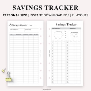 May include: Printable savings tracker PDF with two layouts. The first layout is a table with columns for date, description, withdrawal, deposit, and balance. The second layout is a weekly savings tracker with columns for week, goal, actual, and total.