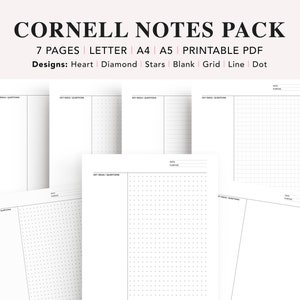 Pacchetto stampabile Cornell Notes, Metodo Cornell Notes, Modello per prendere appunti dello studente, Prendere appunti delle lezioni, Griglia a punti, Download istantaneo PDF
