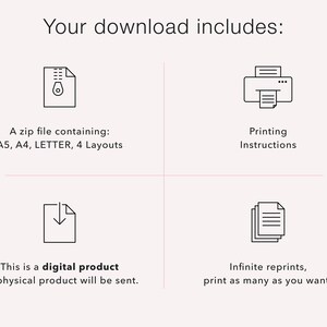 Pode incluir: Um download digital inclui um arquivo zip com layouts imprim&iacute;veis nos tamanhos A5, A4 e Letter, instru&ccedil;&otilde;es de impress&atilde;o e reimpress&otilde;es ilimitadas.