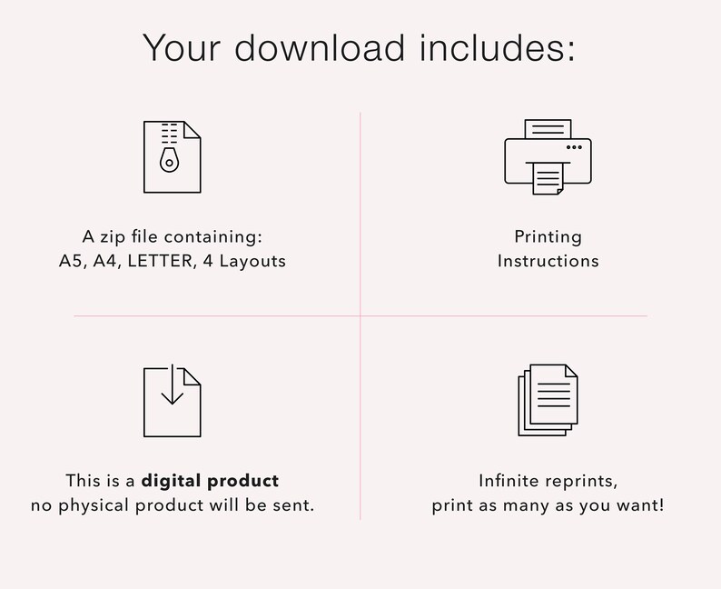 Pode incluir: Um download digital inclui um arquivo zip com layouts imprim&iacute;veis nos tamanhos A5, A4 e Letter, instru&ccedil;&otilde;es de impress&atilde;o e reimpress&otilde;es ilimitadas.