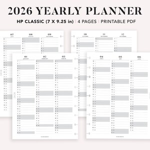 May include: A 2026 yearly planner with a minimalist design. The planner is printed on white paper and features a layout with monthly and yearly views. The planner is 17.78 cm x 23.5 cm and includes 4 pages.