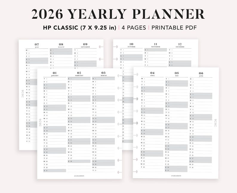 May include: A 2026 yearly planner with a minimalist design. The planner is printed on white paper and features a layout with monthly and yearly views. The planner is 17.78 cm x 23.5 cm and includes 4 pages.