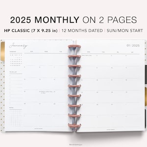 Calendário mensal datado de 2025, planejador feliz para impressão, mês em duas páginas, calendário mensal, modelo mensal, MO2P, encartes clássicos da HP