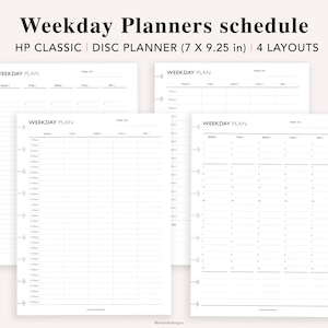 May include: Four different layouts for a weekly planner, each with a black and white design. The planner is labelled "Weekday Plan" and includes columns for each day of the week, Monday through Friday. The planner is designed for use with a disc planner system and measures 17.8 cm by 23.5 cm.