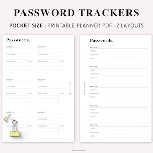 Insertion de suivi de mot de passe de POCHE, modèle de mot de passe imprimable, suivi de mot de passe, organisateur de mot de passe de journal, gardien de mot de passe Filofax Pocket PDF