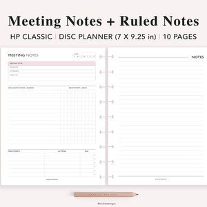 May include: A printable planner page designed for meeting notes. The page is divided into sections for meeting title, discussion notes, brainstorming ideas, main points, actions, and due dates. The page also includes a ruled section for additional notes. The planner is designed for use with a disc planner system and is 7 inches by 9.25 inches.
