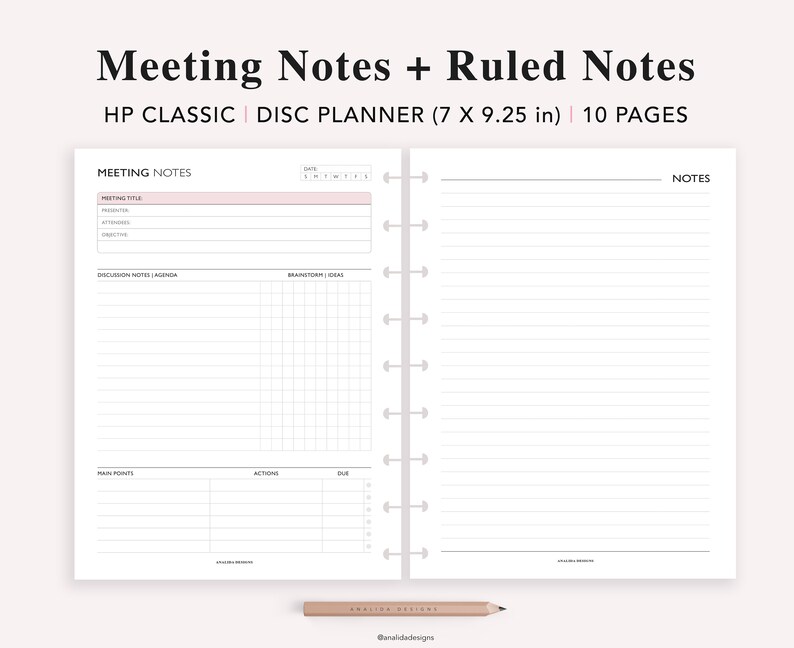 May include: A printable planner page designed for meeting notes. The page is divided into sections for meeting title, discussion notes, brainstorming ideas, main points, actions, and due dates. The page also includes a ruled section for additional notes. The planner is designed for use with a disc planner system and is 7 inches by 9.25 inches.