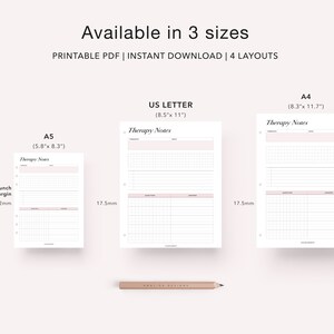 May include: Printable therapy notes template in three sizes: US Letter (8.5 x 11 inches), A4 (8.3 x 11.7 inches), and A5 (5.8 x 8.3 inches). The template has a punch hole margin of 12 mm and a 17.5 mm margin on the right side.