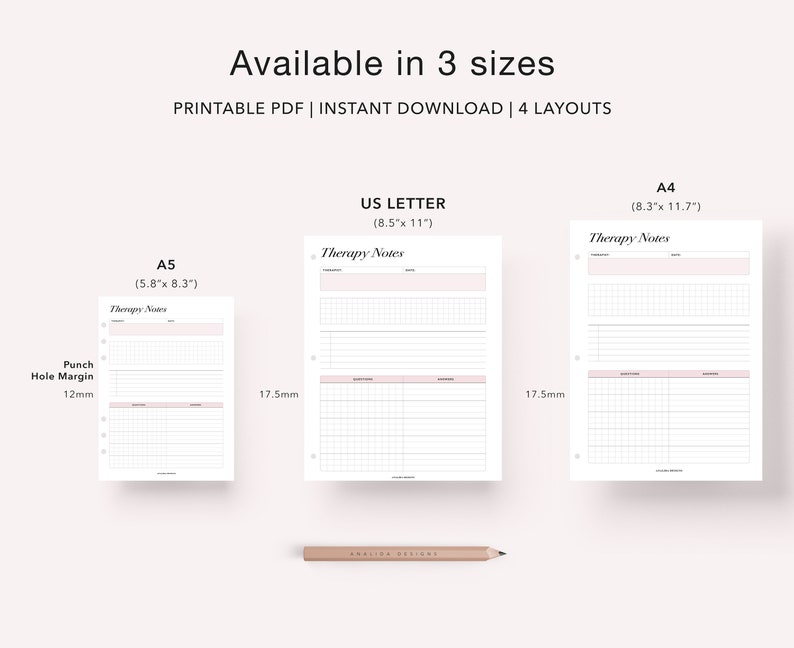 May include: Printable therapy notes template in three sizes: US Letter (8.5 x 11 inches), A4 (8.3 x 11.7 inches), and A5 (5.8 x 8.3 inches). The template has a punch hole margin of 12 mm and a 17.5 mm margin on the right side.