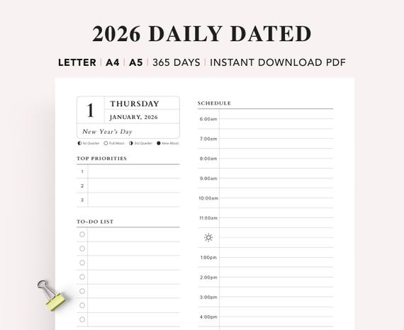 2026 Daily Planner Printable: Time Blocking, A4/A5/Letter (PDF)