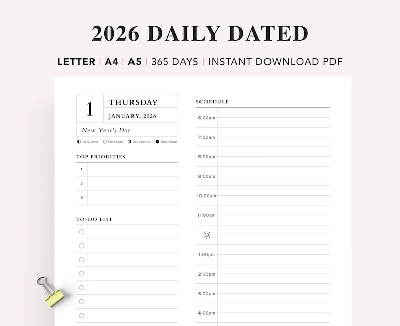 2026 Daily Planner Printable: Time Blocking, A4/A5/Letter (PDF) image 1