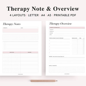 May include: Printable therapy note and overview templates. The templates include sections for therapist information, session dates, topics, questions, answers, review, and notes.