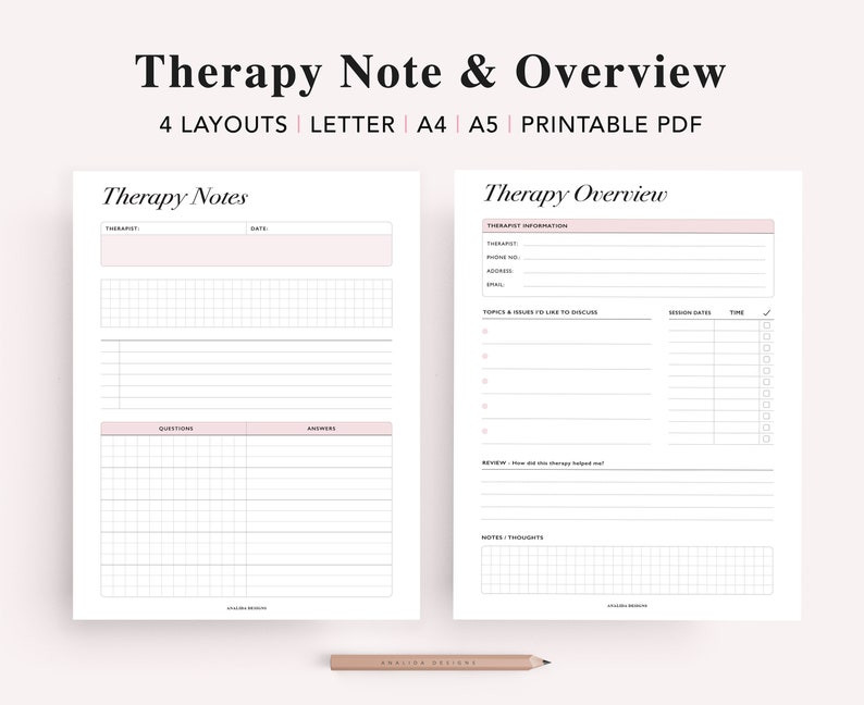 May include: Printable therapy note and overview templates. The templates include sections for therapist information, session dates, topics, questions, answers, review, and notes.