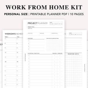 May include: A printable work from home kit with 10 pages, including a monthly calendar, weekly schedule, project planner, and brainstorming pages.