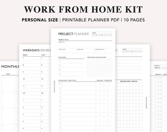 Puede incluir: Un kit de trabajo desde casa imprimible con 10 páginas, que incluye un calendario mensual, un horario semanal, un planificador de proyectos y páginas de lluvia de ideas.